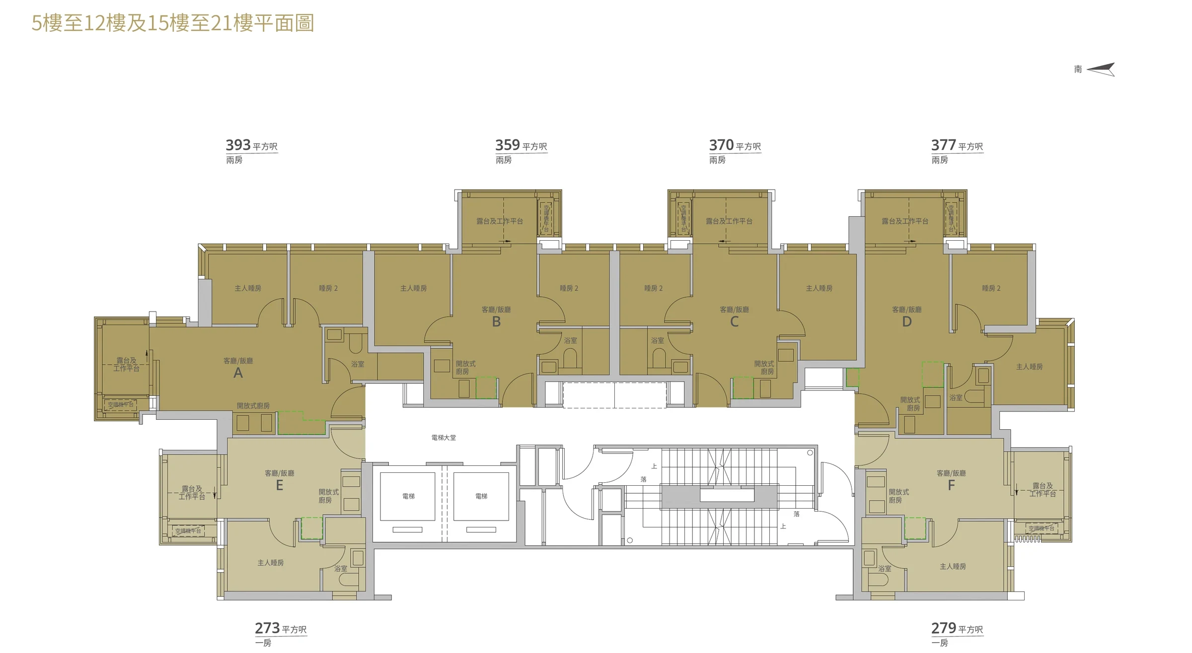逸里1號5樓至12樓及15樓至21樓樓面平面圖，A至F室